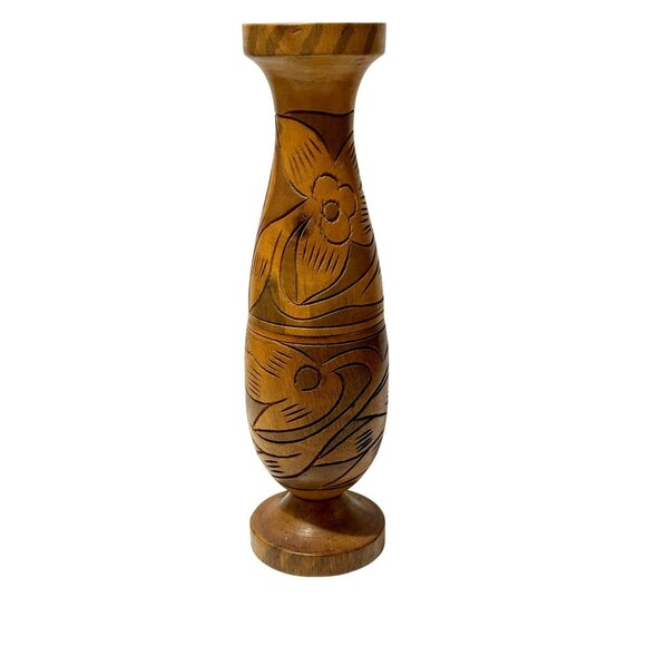Vintage Hand Carved Wooden 2-Piece Pedestal Vase Etched Floral Design 13" MCM - Picture 1 of 9